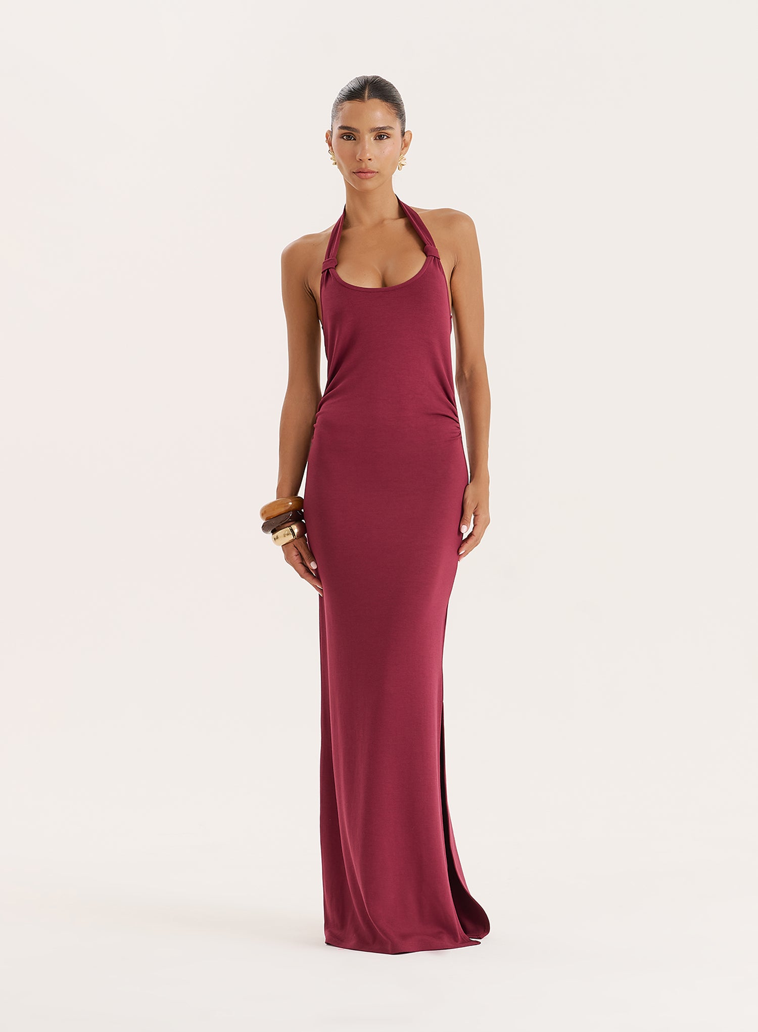 Plum Knot Detail Halterneck Jersey Maxi Dress